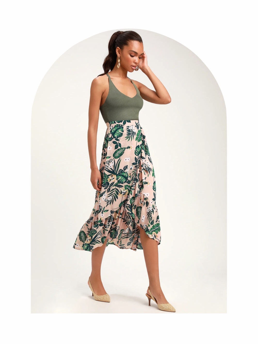 Lulus Island State of Mind Blush Tropical Print Ruffled Midi Skirt